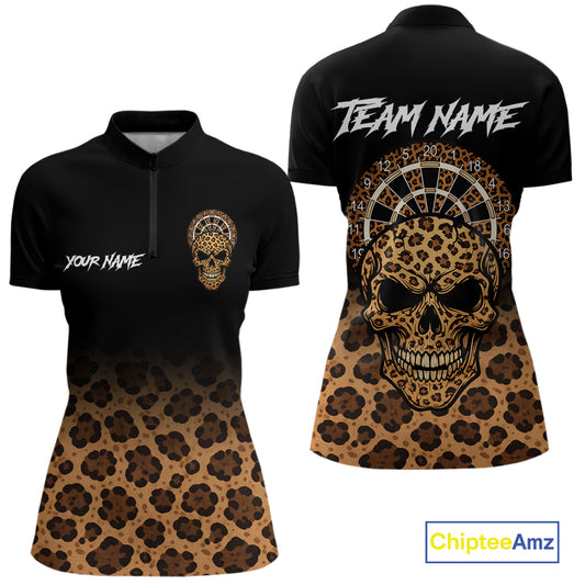 Brown Skull & Dartboard Leopard Pattern Darts Quarter-Zip Shirts For Women Darts Team Jerseys NYN2755
