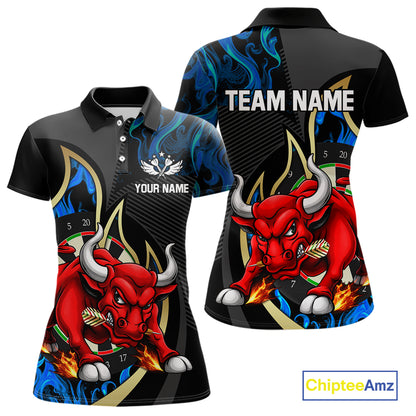 Personalized Bull Blue Flames Darts Polo & 1/4-Zip Shirt For Women Funny Dart Team Dart Jerseys NYN2963