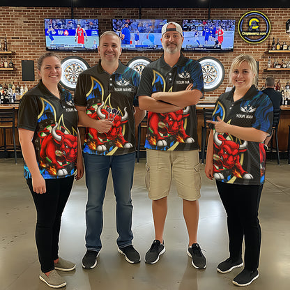 Personalized Bull Blue Flames Darts Polo & 1/4-Zip Shirt For Women Funny Dart Team Dart Jerseys NYN2963