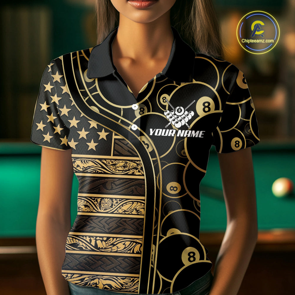 Black & Gold Tribal 8 Ball Pool Shirts Custom Women Billiard Polo & 1/4 Zip Shirt Billiard Team Jerseys NYN2970