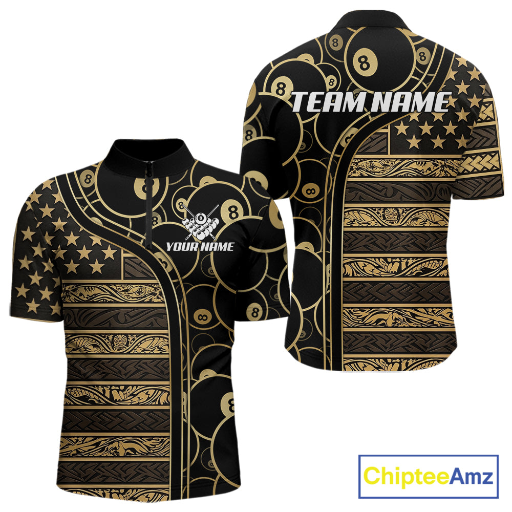 Black & Gold Tribal 8 Ball Pool Shirts Custom Men Billiard Polo & 1/4 Zip Shirt Billiard Team Jerseys NYN2970