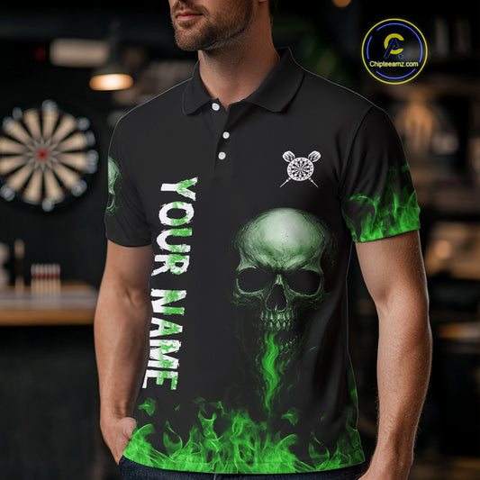 Custom Green Fire Skull Multi-Flame Dartboard Dart Men Polo Shirts, Dart Team Jerseys NYN1555