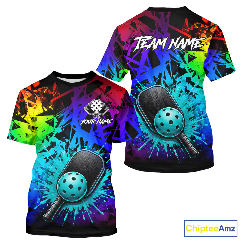 Teal splatter pickleball ball and paddles tshirt for men colorful pickleball clothing
