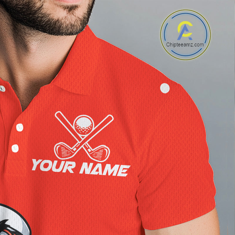 Male golfer wearing Red Crab golf polo, performance golf clothing, golf club uniform, golf tournament apparel