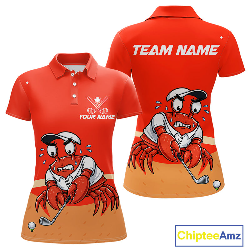 Personalized Red Crab women's golf polo shirt, funny crab mascot, golf team uniform, lightweight golf clothing, beach golf apparel