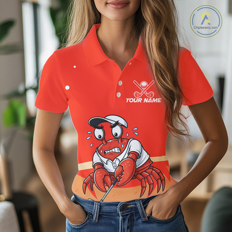 Female golfer wearing Red Crab golf polo, seaside golf outfit, personalized golf apparel, golf vacation clothing, crab golf mascot