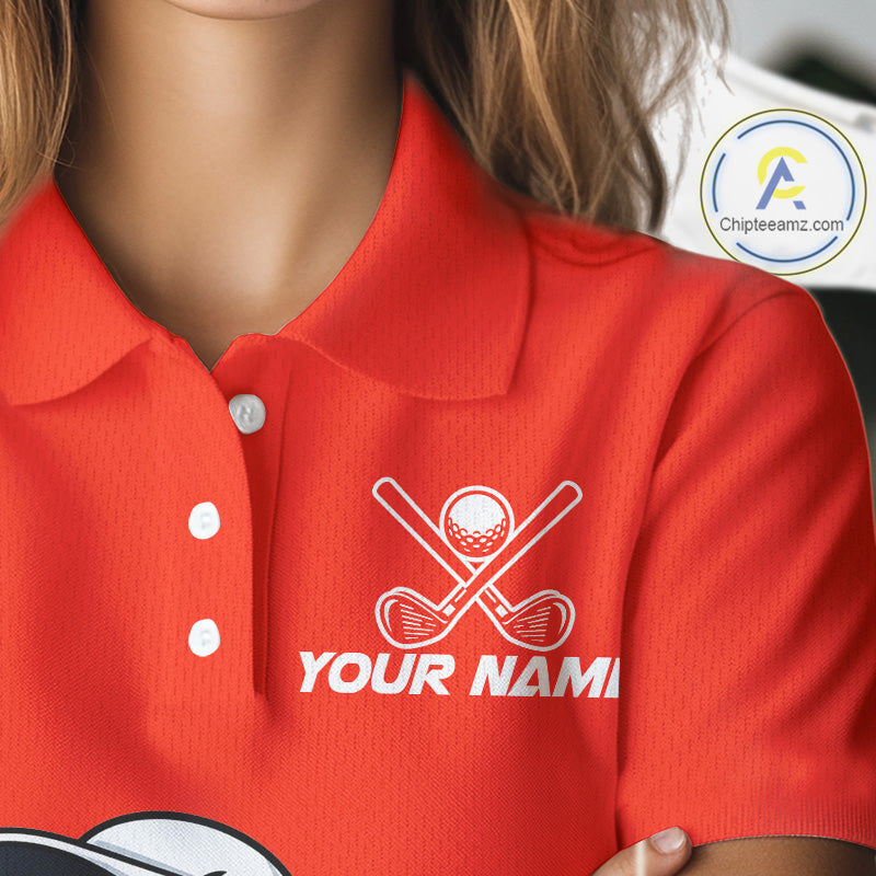 Female golfer wearing Red Crab golf polo, seaside golf outfit, personalized golf apparel, golf vacation clothing, crab golf mascot