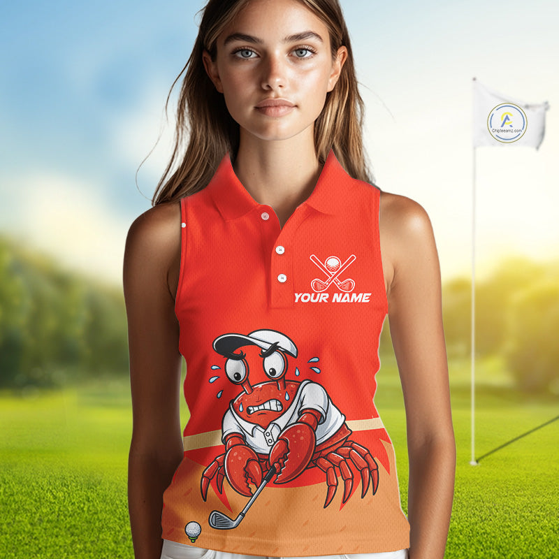 Female golfer wearing Red Crab golf polo, seaside golf outfit, personalized golf apparel, golf vacation clothing, crab golf mascot
