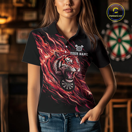 Red Flaming Tiger Funny Darts Custom Women's Dart Polo Shirts Team Dart League Jerseys NYN2078