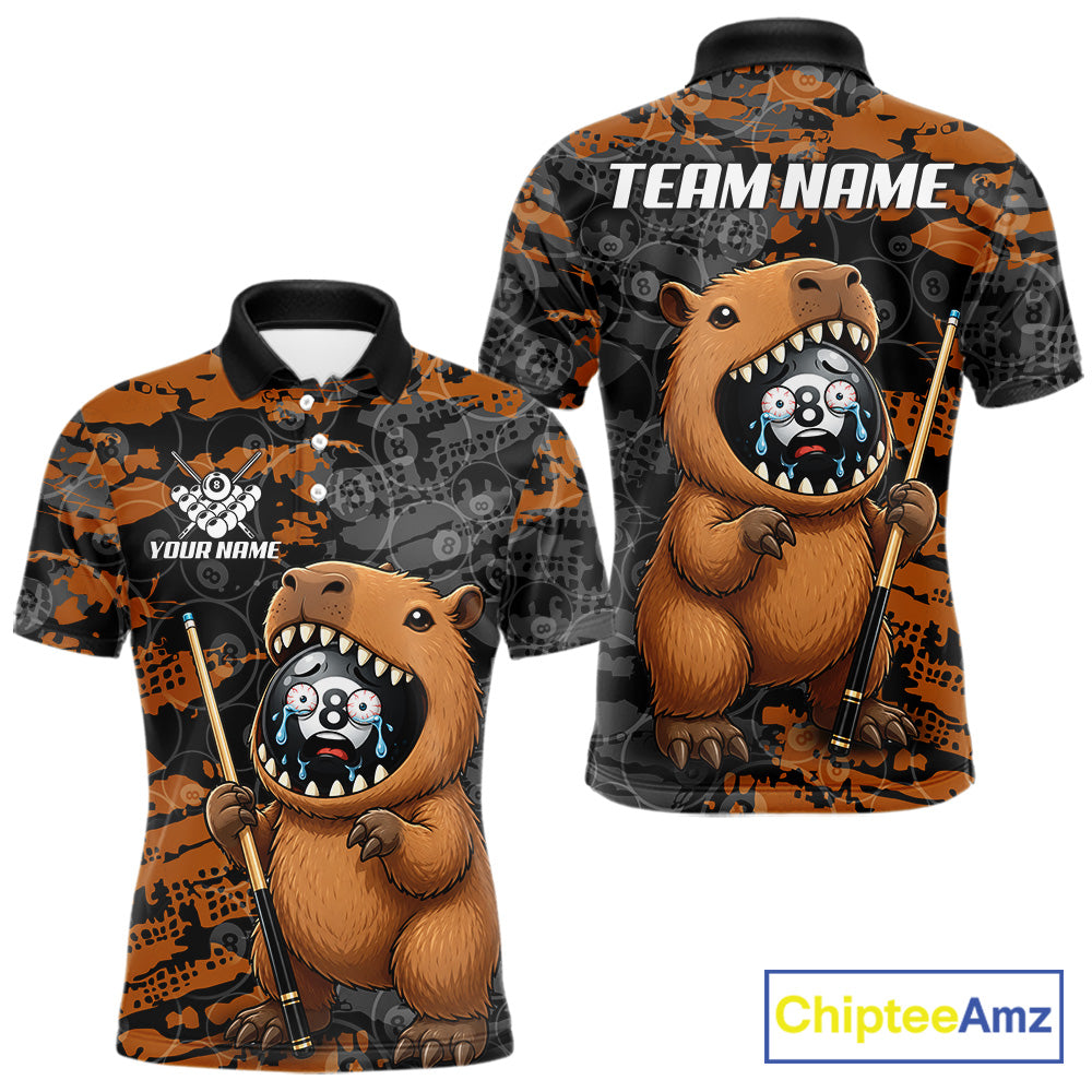 Custom Black Brown Capybara Men's Billiard Polo Shirt, Funny Capybara Pool League Jersey