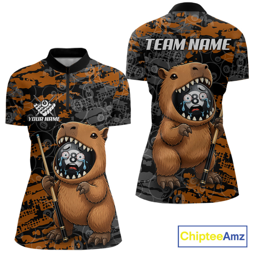 Black Brown Capybara Women's Quarter-Zip Pool Shirt, Personalized Funny 8 Ball Tournament Jersey