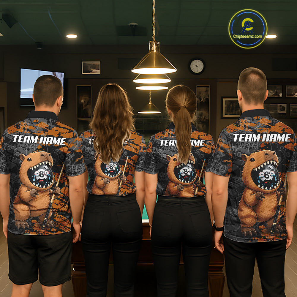 Pool team wearing matching Capybara billiard jerseys, funny team uniforms, animal lovers, gaming, bowling, golf, darts community