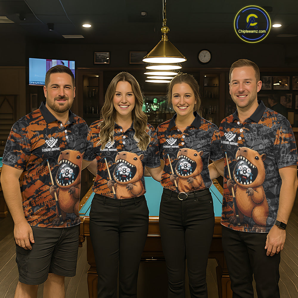 Pool team wearing matching Capybara billiard jerseys, funny team uniforms, animal lovers, gaming, bowling, golf, darts community