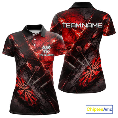Personalized Black & Red Grunge Dartboard & Arrow Women Darts Polo Shirt Custom Dart Team Jersey NYN2618