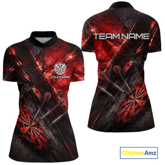Personalized Black & Red Grunge Dartboard & Arrow Women Darts Quarter-Zip Shirt Custom Dart Team Jersey NYN2618