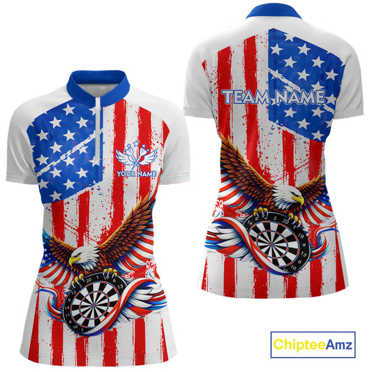 Personalized Eagle US Flag Patriotic Women Darts Quarter-Zip Shirt Custom Freedom-Day Dart Team Jersey NYN2620