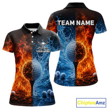 Load image into Gallery viewer, Blue water red flames womens golf polo shirt golf team outfit