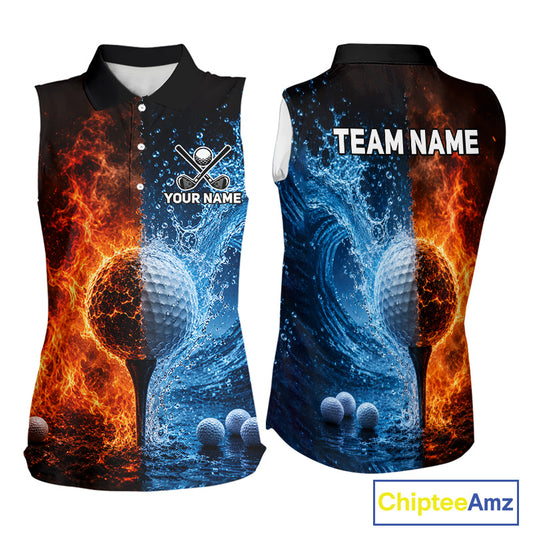 Blue water and red flames womens golf sleeveless polo shirt custom golf outfit