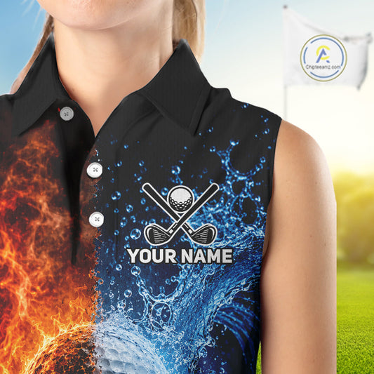 Blue water and red flames womens golf sleeveless polo shirt custom golf outfit