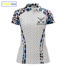 Load image into Gallery viewer, Neon blue leopard womens golf polo shirt custom golf apparel