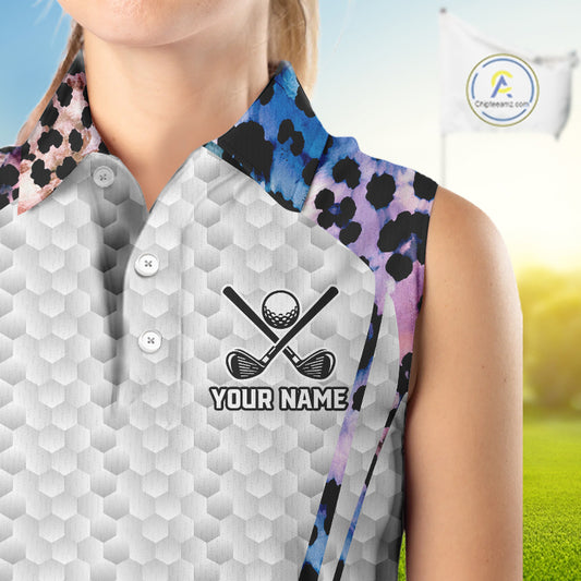Neon blue leopard womens golf sleeveless polo shirt custom golf apparel