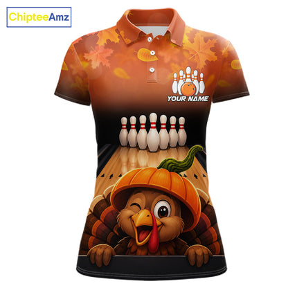 Personalized Funny Turkey Autumn Bowling Shirts For Women Thanksgiving Bowling Team Polo 1/4-Zip Shirt NYN3931