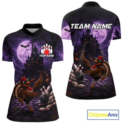Funny Turkey Autumn Bowling Shirts For Women Custom Thanksgiving Bowling Polo 1/4-Zip Team Uniform NYN3932
