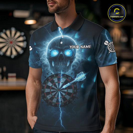 Custom Blue Skull Butterflies Lightning Dartboard Men Darts Polo Shirt, Dart Jerseys NYN1842