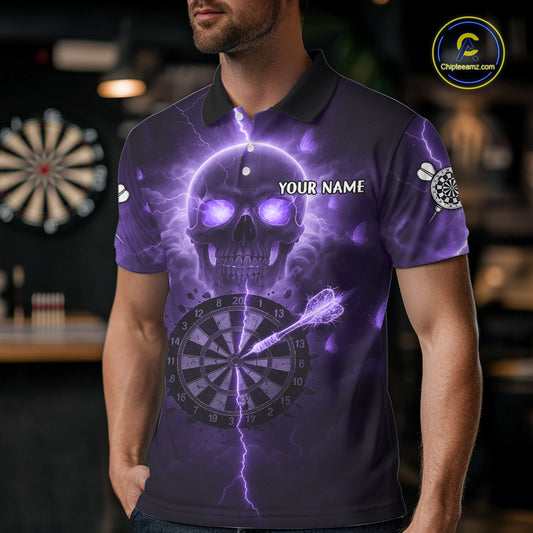 Custom Purple Skull Butterflies Lightning Dartboard Men Darts Polo Shirt, Dart Jerseys NYN1844