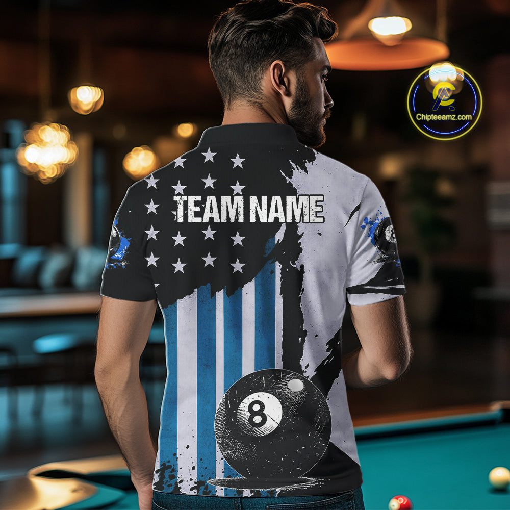 Patriotic Grunge Blue 8 Ball Men Billiard Polo & 1/4 Zip Shirt Custom Pool Billiard Jerseys NYN2358