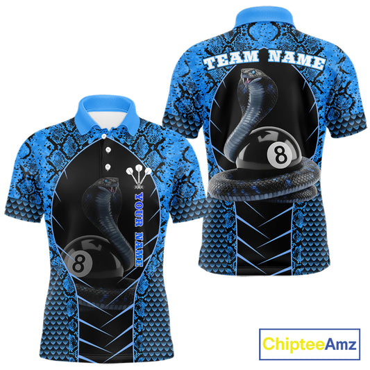Personalized Cobra Snake Men Billiard Team Shirt Blue 8 Ball Billiard Polo & 1/4 Zip Attire NYN2365