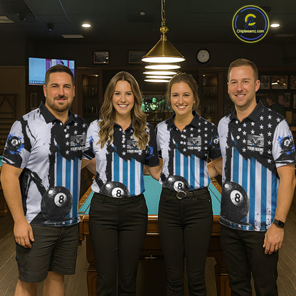 Patriotic Grunge Blue 8 Ball Men Billiard Polo & 1/4 Zip Shirt Custom Pool Billiard Jerseys NYN2358