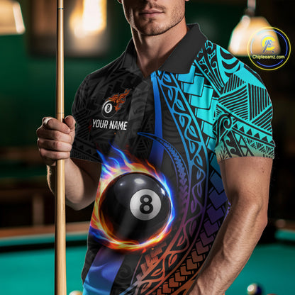 Blue And Red Flaming 8 Ball Billiard Shirt For Men Custom Tribal Pool Polo & 1/4-Zip Team Jersey NYN2987