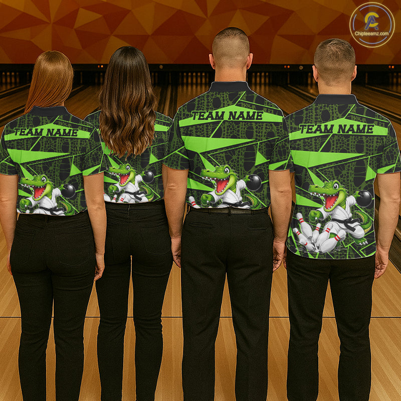 Funny Crocodile Women Bowling Shirt Custom Green Skin Crocodile Polo Quarter-Zip Bowling Team Attire NYN3686