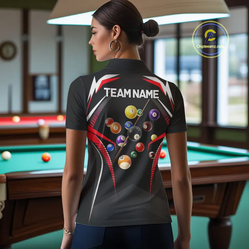Black & Red Ball Pool Team Shirts Women's Billiard Polo & 1/4-Zip Personalized Billiard Gifts NYN2396