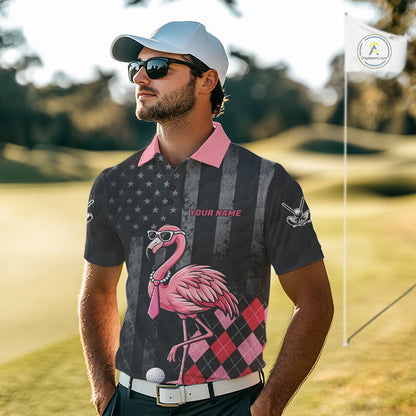 Custom Black Patriotic Golf Polo Shirts For Men, Funny Flamingo Best Golf Clothing Shirts NYN2995
