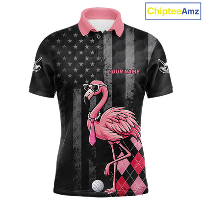 Custom Black Patriotic Golf Polo Shirts For Men, Funny Flamingo Best Golf Clothing Shirts NYN2995