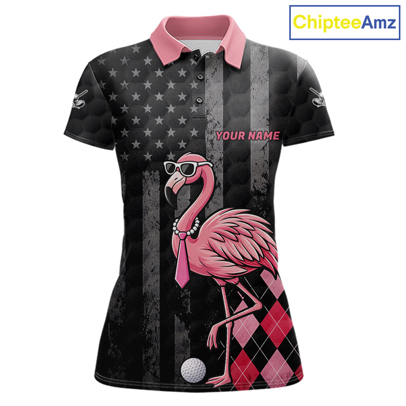 Custom Black Patriotic Golf Polo Shirts For Women, Funny Flamingo Best Golf Clothing Shirts NYN2995