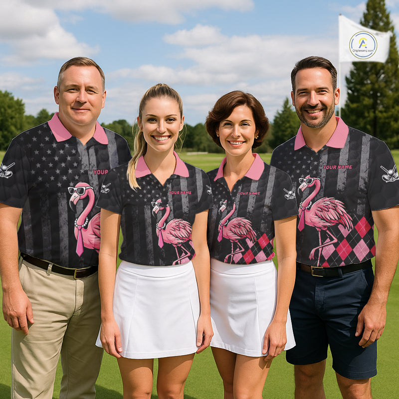 Custom Black Patriotic Golf Polo Shirts For Men, Funny Flamingo Best Golf Clothing Shirts NYN2995