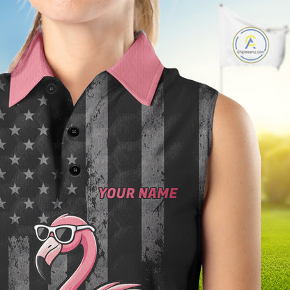 Custom Black Patriotic Golf Sleeveless Polo Shirts For Women, Funny Flamingo Best Golf Clothing Shirts NYN2995