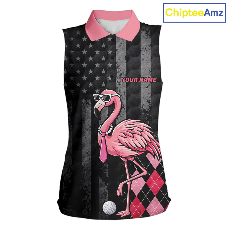 Custom Black Patriotic Golf Sleeveless Polo Shirts For Women, Funny Flamingo Best Golf Clothing Shirts NYN2995