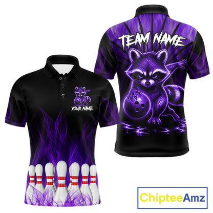 Purple Flames Funny Raccoon Bowling Shirt For Men Custom Bowling Team Jersey For Bowlers