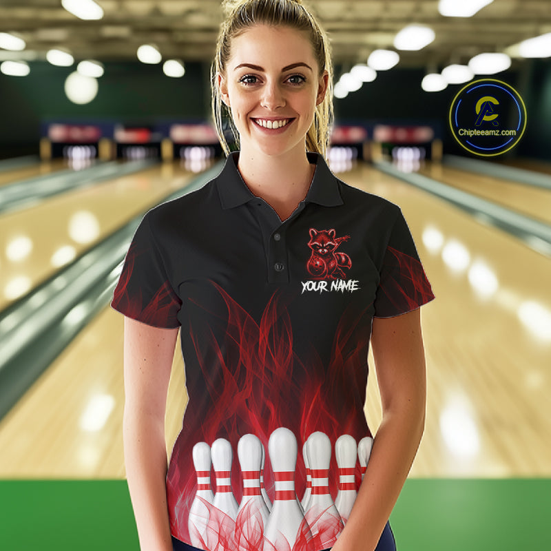 Red Flames Custom Funny Raccoon Womens Bowling Shirts Bowling Team Shirt For Bowlers NYN3411