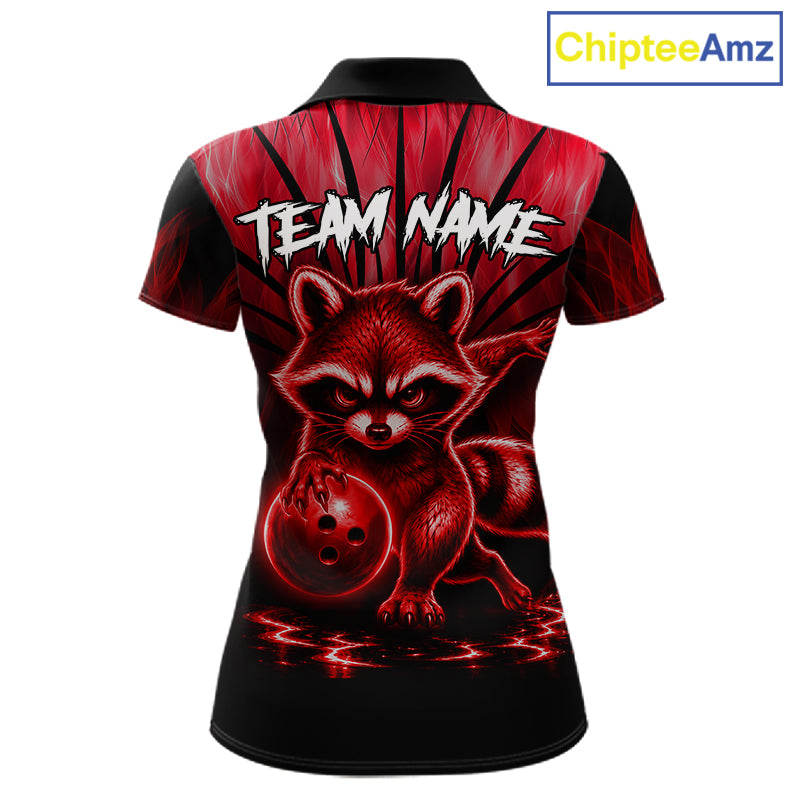 Red Flames Funny Raccoon Bowling Shirt For Women Custom Bowling Team Jersey For Bowlers