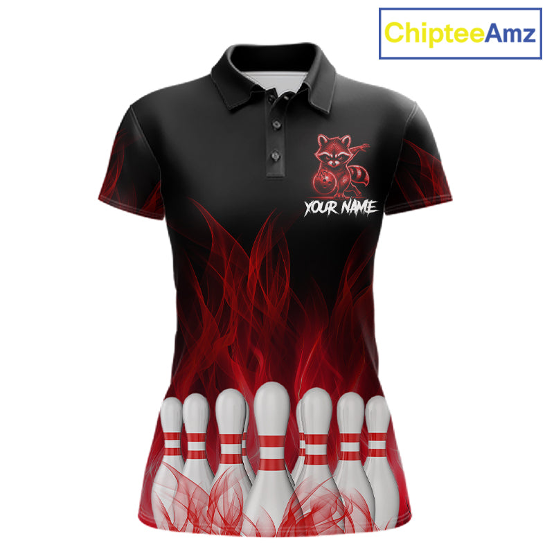 Red Flames Funny Raccoon Bowling Shirt For Women Custom Bowling Team Jersey For Bowlers