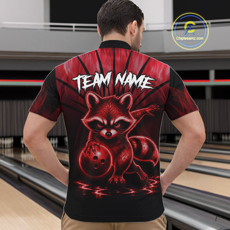 Red Flames Custom Funny Raccoon Mens Bowling Shirts Bowling Team Shirt For Bowlers NYN3411