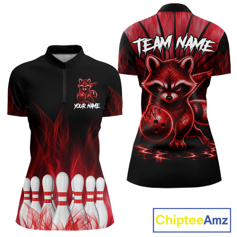 Red Flames Funny Raccoon Bowling Shirt For Women Custom Bowling Team Jersey For Bowlers