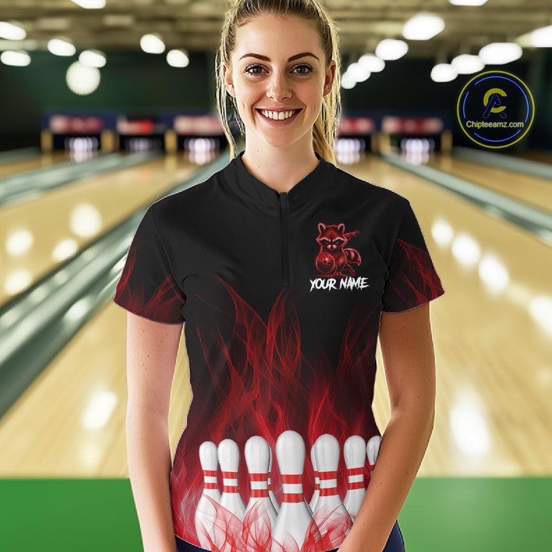 Red Flames Custom Funny Raccoon Womens Bowling Shirts Bowling Team Shirt For Bowlers NYN3411
