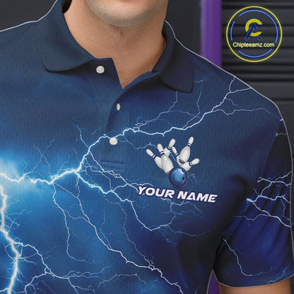 Custom Mens Bowling Thunder Lightning Shirts, Fire Flame Bowling Team Jerseys | Blue NYN3419