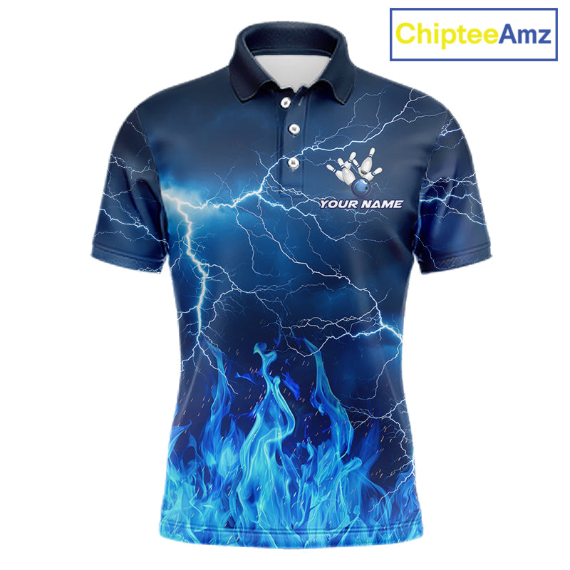 Custom Mens Bowling Thunder Lightning Shirts, Fire Flame Bowling Team Jerseys | Blue NYN3419